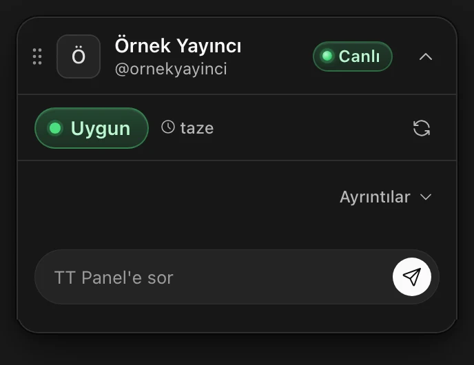 Tarayıcı eklentisi kartı: yayıncının uygunluk durumu ve canlı olup olmadığı sayfanın üstünde