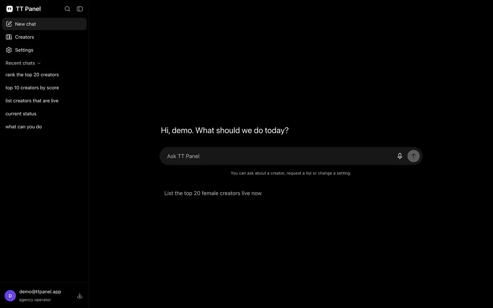 Panel opening screen: the agency owner asks the panel a question by typing or speaking