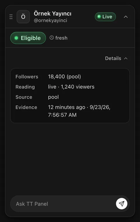 Extension card: while browsing TikTok your team sees the creator's status right on the page.