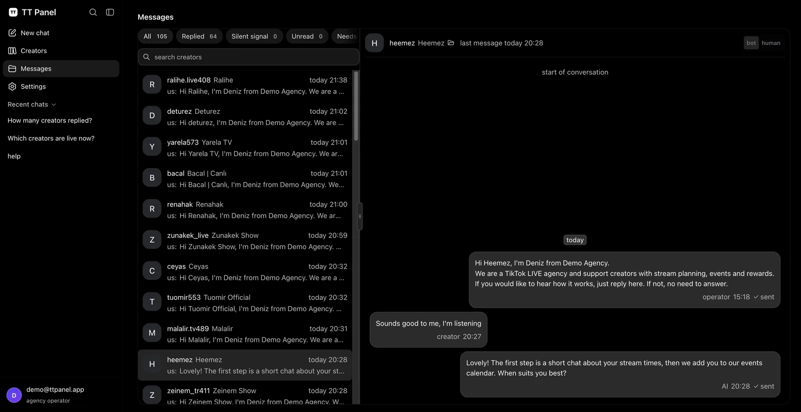 The Messages screen