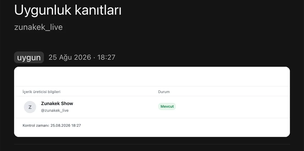 Uygunluk kanıtı görünümü: sonuç, tarih ve kontrol saati